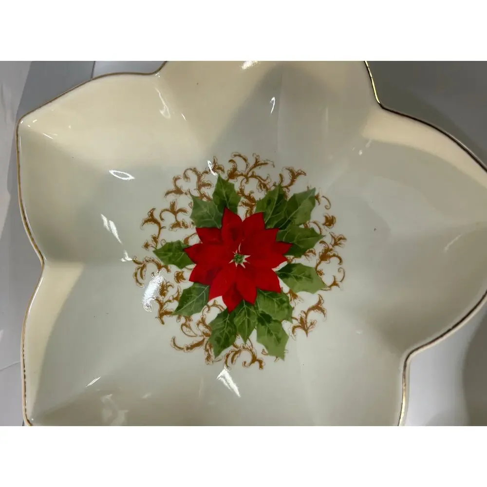 3 Christmas Candy Dip Serving Bowls Poinsettia Holly Star Shaped Gold Rim Essex